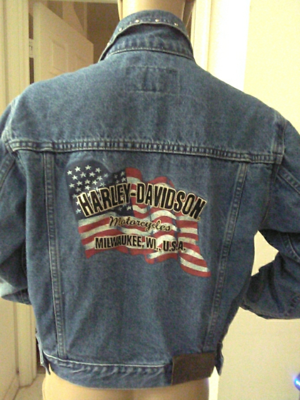VINTAGE 90S Harley-Davidson Denim Jacket American Flag Graphic Canadian Made